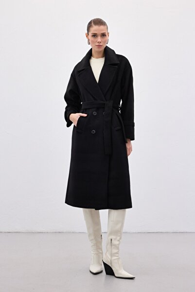 Sateen Tie-Waist Long Coat - Black