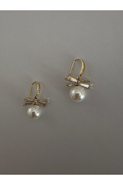 marsel aksesuar Special Series Pearl Ball Bow Model Stone Dangle Gold Earrings