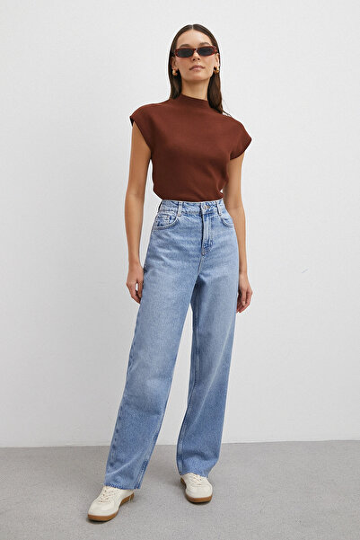 Never more High Waist Five Pocket Raw Hem Jean Blue