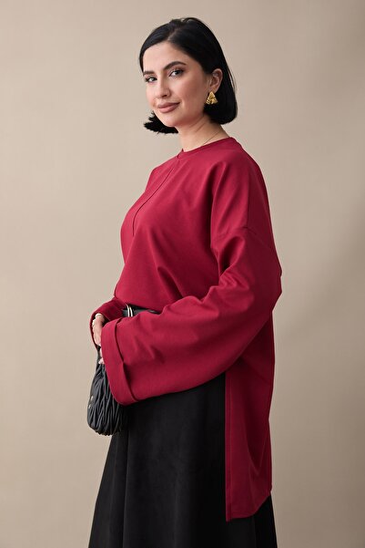InStyle Oversized Claret Red Sweatshirt with Folded Sleeves