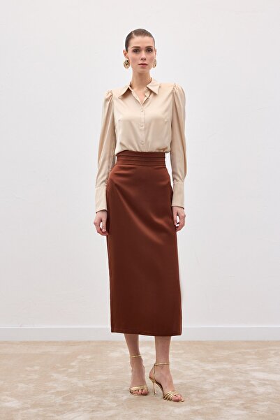 Sateen Satin Skirt with Pleated Detail - Brown
