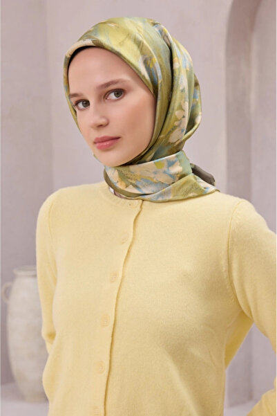 Belli Tivil Pure Silk Scarf 4217 - 81 Χακί Πράσινο Μοτίβο λουλουδιών