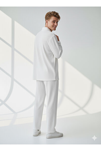 ribana Unisex Corded Fabric Shirt Collar Long Sleeve Pocket Elastic Waist 2-Piece Set