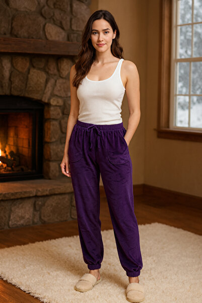 REMSA Women's Velvet Pants with Elastic Cuffs and Pocket Detail, Single Bottom 503 Purple