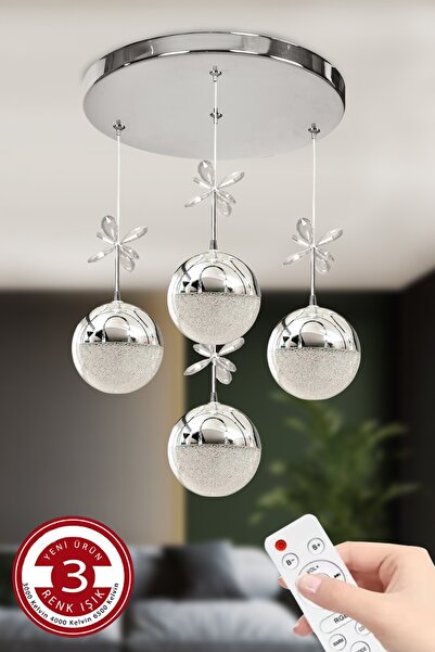 Akgül 4 Toplu Krom Lüks 3 Renk Ledli Kumandalı Avize