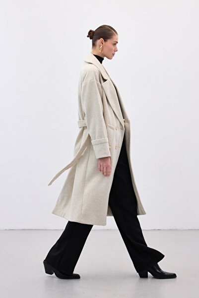 Sateen Tie-Waist Long Coat - Stone
