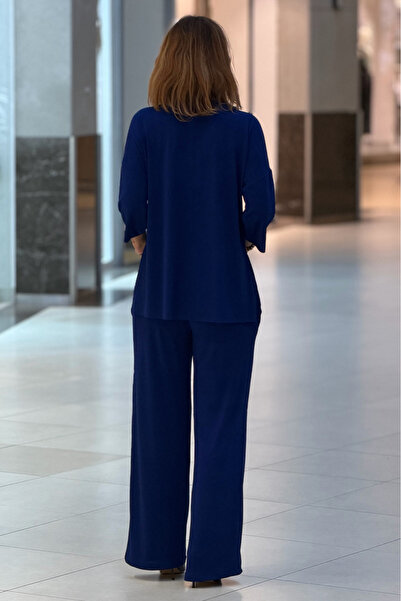 Nevin Kaya Moda Navy Blue Basic Pants Blouse Set