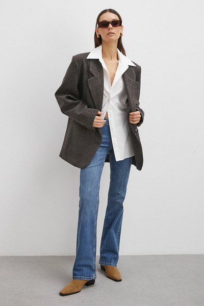 Never more Mid Waist Stretch Fabric Flared Jean Blue