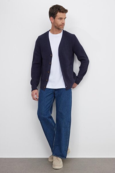 Tudors Men's standard fit regular cut v-neck buttoned navy cardigan