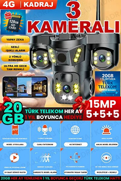 Kadraj Sim Kartlı Kamera, 3 Kameralı, Solar Panelli, 20GB TURK TELEKOM Hat Da...
