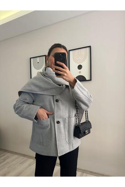 TB Butik Gray Short Cashmere Coat with Detachable Wide Shawl