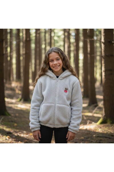 FESSHERA KİDS Girl's Coat Fleece-Lined Plush Hooded Coat Zippered Soft Teddy Bear Embroidered Fleece Coat