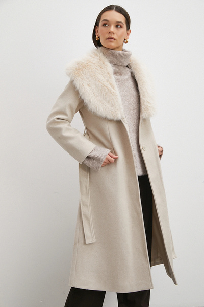 Never more Fur Collar Belted Cashmere Coat Beige