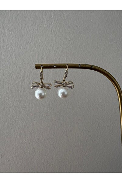 marsel aksesuar Special Series Pearl Ball Bow Model Stone Dangle Gold Earrings