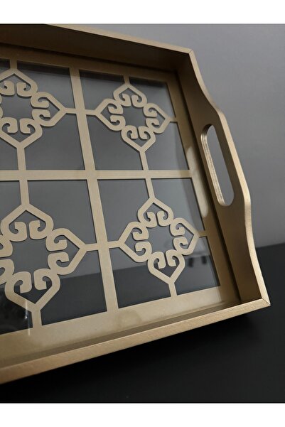 Santara Avangarde Wooden Glass Gold Decorated Tea Coffee Presentation Tray