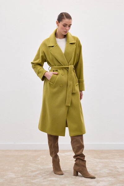 Sateen Tie-Waist Long Coat - Oil Green