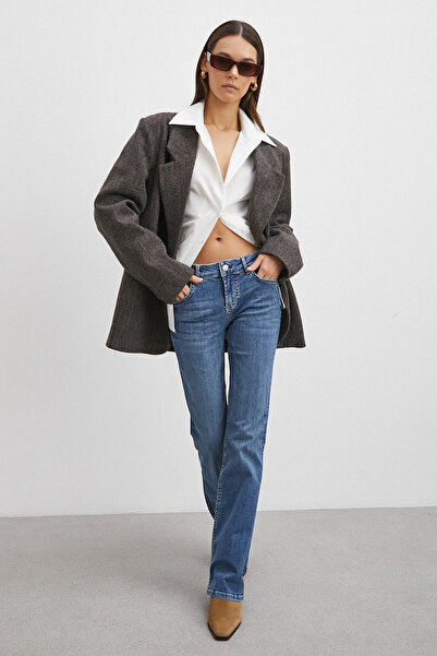 Never more Mid Waist Stretch Fabric Flared Jean Blue