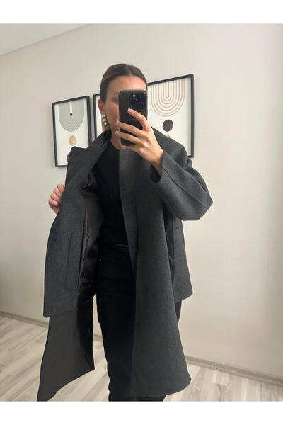 TB Butik Anthracite Short Cashmere Coat with Detachable Wide Scarf