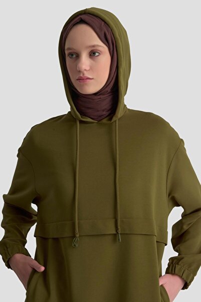 Armine TREND Hooded Tunic with Corded Fabric Side Pockets and Elasticated Sleeves Oil Green 25Kt462