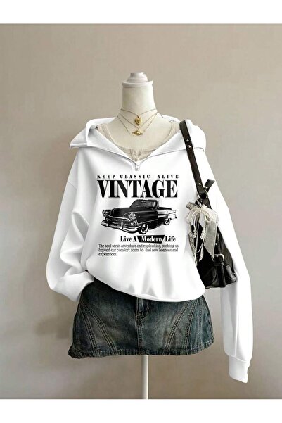 OVER HEAD Femei Sweatshirt cu guler ridicat, imprimeu cu mașină vintage și fe...