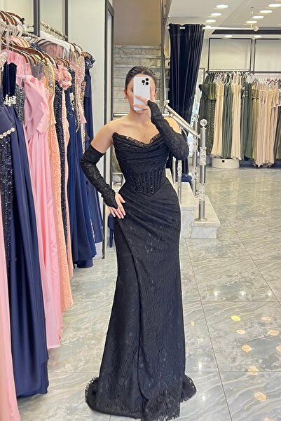 İyem Abiye Bolerolu Ve Kollu Dantel Desenli Taşlı Şık Tasarım Abiye Elbise Dar Kalıp