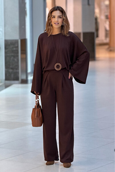 Nevin Kaya Moda Brown Pleated Batwing Sleeve Modal Set