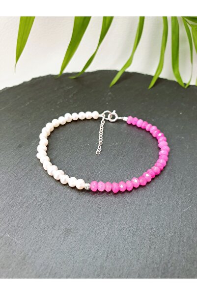 Abundo Bratara din perle de cultura si jad roz cu argint 925, 17 cm
