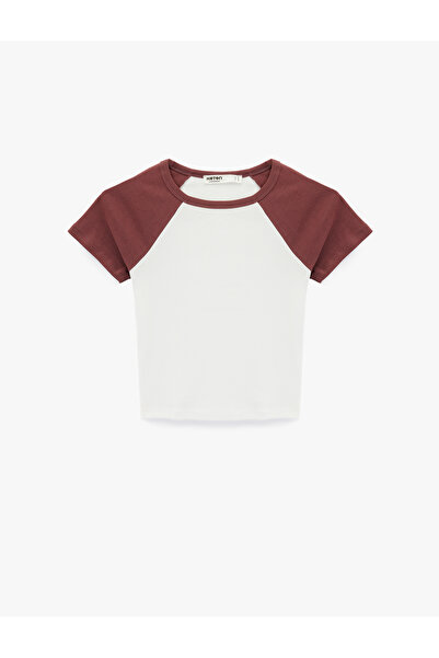 Koton Slim Fit Cotton Color Block Short Sleeve Crew Neck Crop T-Shirt Pajama Top