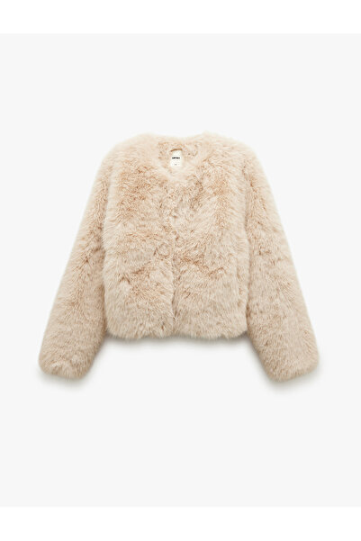 Koton X Melis Ağazat - Suni Faux Fur Coat Cropped Long Sleeve Crew Neck