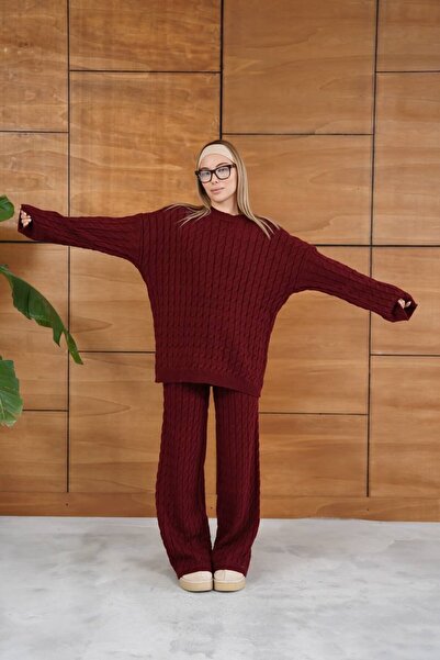 GİYSİ DÜNYASI 57 Knitted Fabric Diamond Patterned Knit Standard Size Sweater and Pants 2-Piece Set