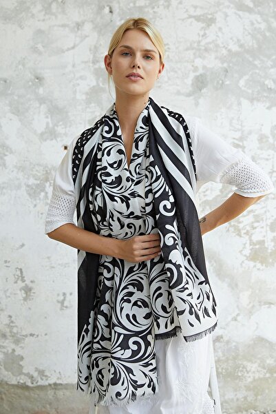 AFVENTE Baroque Pattern Black - White Cotton Shawl