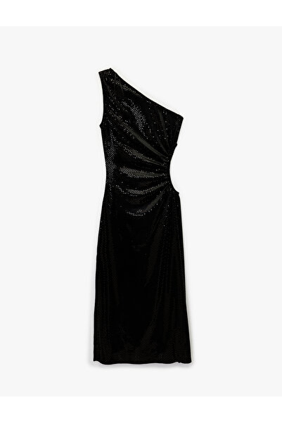 Koton Kolsuz Kayık Yaka Slim Fit Metal Aksesuarlı Payetli Midi Abiye Elbise