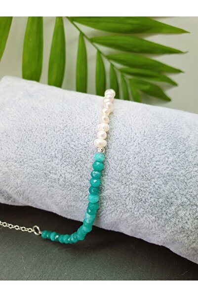 Abundo Cultured pearl and turquoise jade bracelet with 925 silver, 17 cm