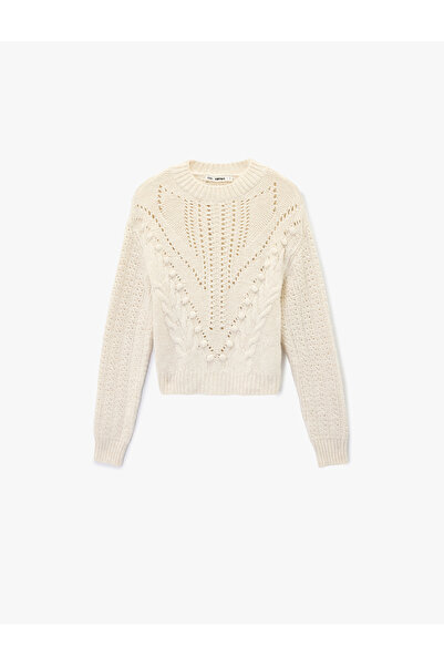 Koton Long Sleeve Lace-Like Knit Crew Neck Textured Hair Knit Sweater