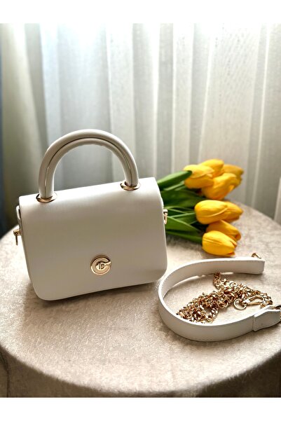 DEMİR ACCESORİES Women's Mini Size Chain Strap White Hand and Shoulder Bag