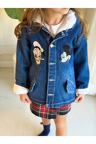 REIZ Girl's Plush Lined Animal Character Denim Coat