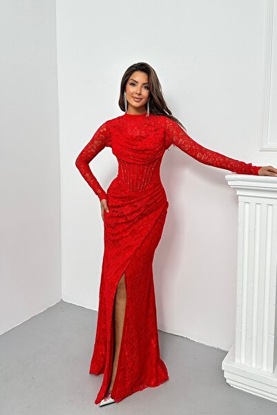 İyem Abiye Bolerolu Ve Kollu Dantel Desenli Taşlı Şık Tasarım Abiye Elbise Da...