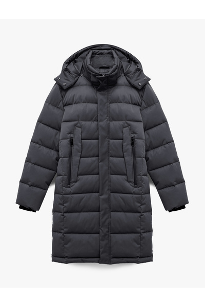 Koton Long Sleeve Pocket Hooded Long Puffer Coat