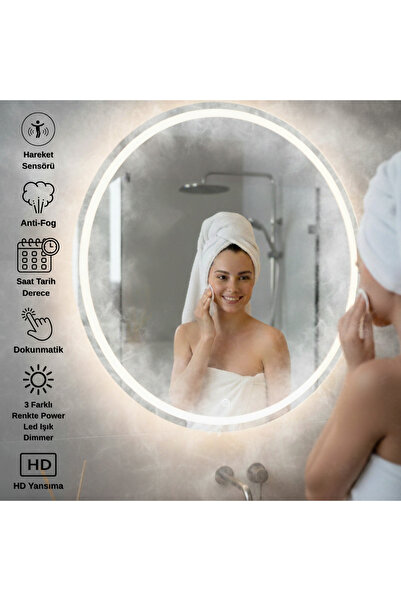 Anti Fog Hareket Sensörlü 3 Led Işıklı Beyaz Çerçeveli Dekoratif Banyo Lavabo Aynası 80 x 60 CM