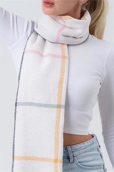 Neşeli Butik Ecru Soft Textured Square Line Patterned Tassels Shawl Scarf Nbaks036