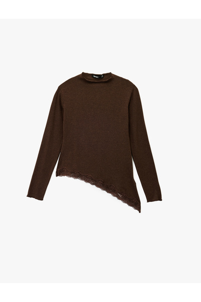 Koton Μακρυμάνικο μπλουζάκι με ασύμμετρη λαιμόκοψη και δαντέλα σε κανονική εφαρμογή