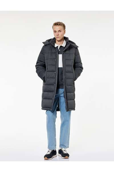Koton Long Sleeve Pocket Hooded Long Puffer Coat