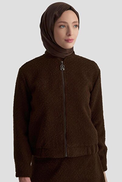 Armine TREND Bomber Jacket Zippered Lined Tweed Skirt Two-Piece Set Brown 25Kt627