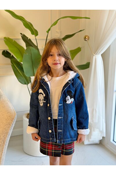REIZ Girl's Plush Lined Animal Character Denim Coat