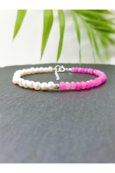 Abundo Bratara din perle de cultura si jad roz cu argint 925, 17 cm