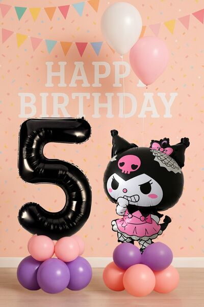 PARTİAVM Kuromi 5 Yaş Doğum Günü Balon Seti Sanrio Karakter Siyah Rakam Pembe...