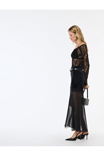 Koton Slim Fit Boat Neck Long Sleeve Transparent Lace T-Shirt