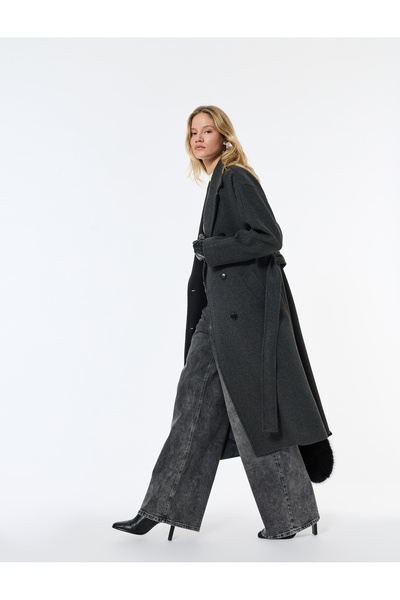 Koton Kemerli Kaban Kaşe Kruvaze Düğmeli Cepli Uzun Kollu