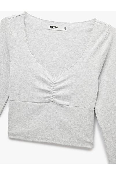 Koton Long Sleeve V-Neck Shirred Viscose Crop Slim Fit Knitted Pajama Top