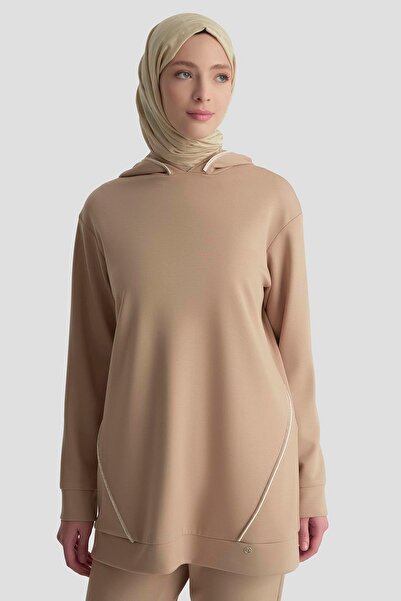 Armine TREND Taşlı Striped Detail Hooded Double Sports Suit with Trousers Beige 25Kt603